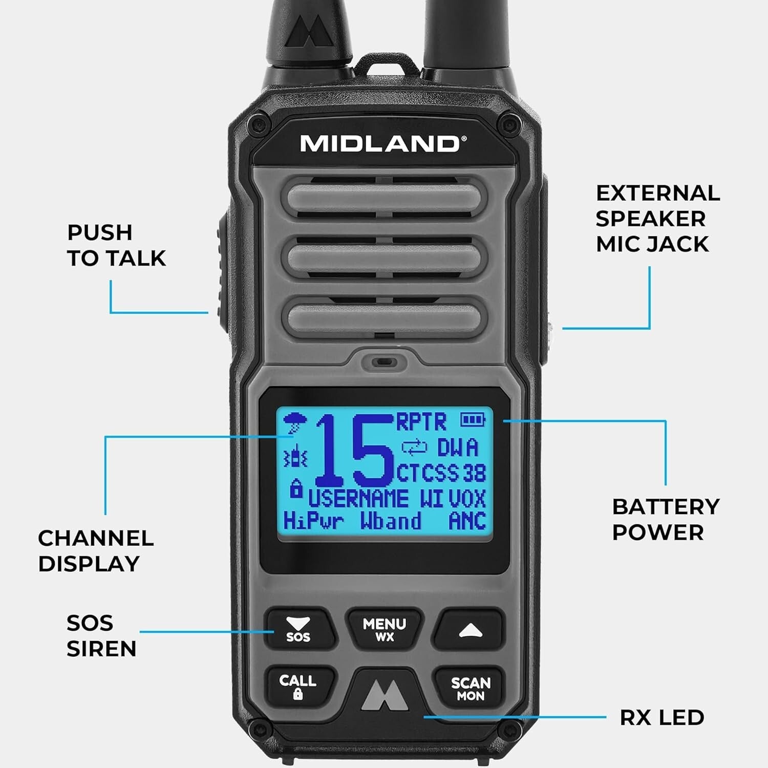 5W GMRS Walkie Talkie - Two-Way Radio with Active Noise Canceling and NOAA Alert