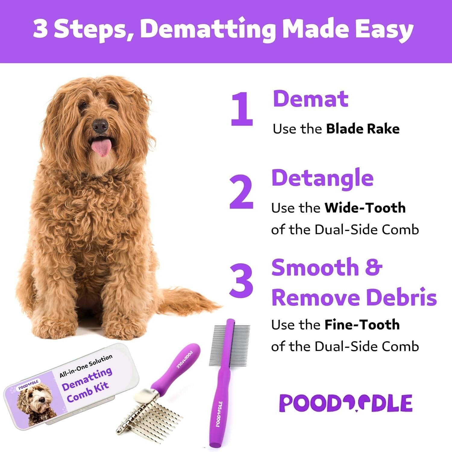 Pet Grooming Tools Set - Gentle Dematting Rake & Dual-Sided Comb for Cats & Dogs