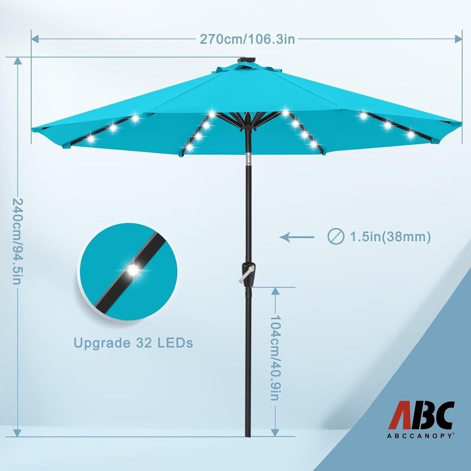 Durable 9FT Turquoise Solar LED Patio Umbrella with 32 Lights - Elegant Shade