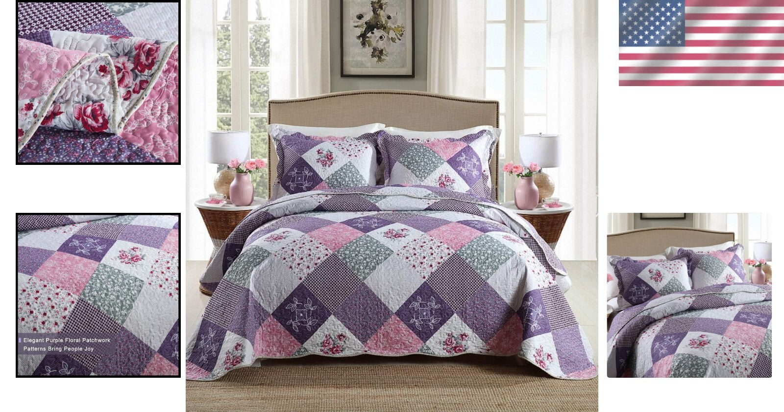 Soft Microfiber Queen Bedspread - Reversible Floral Patchwork Design, 3-Piece