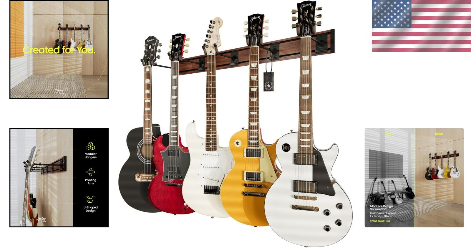 Elegant Guitar Wall Rack for 5 Guitars - Walnut Print Aluminum, Easy Install