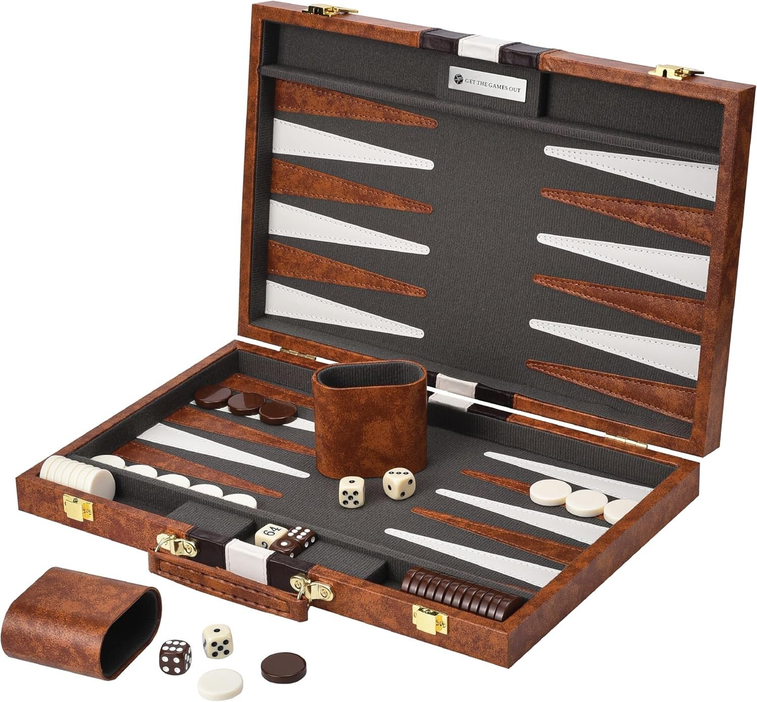 Compact Backgammon Set with Spare Chips – Travel-Ready Brown Leatherette Case