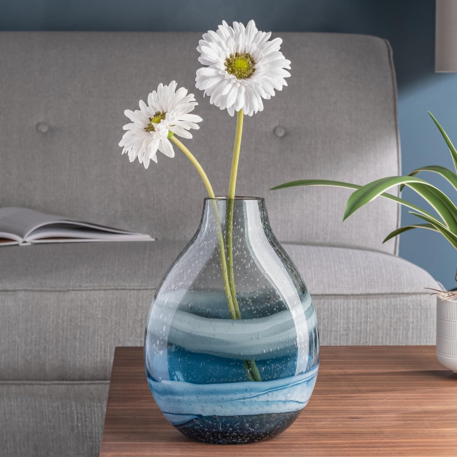 Unique 11" Blue Glass Centerpiece Vase - Perfect for Contemporary Interiors