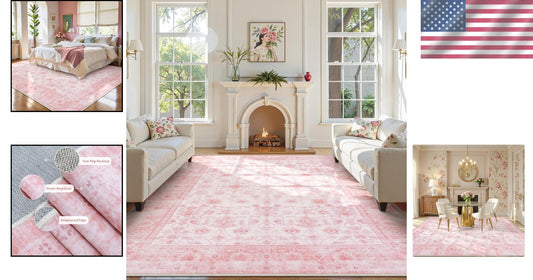 Elegant 8x10 Pink Floral Area Rug - Soft Washable Faux Wool for Living Spaces