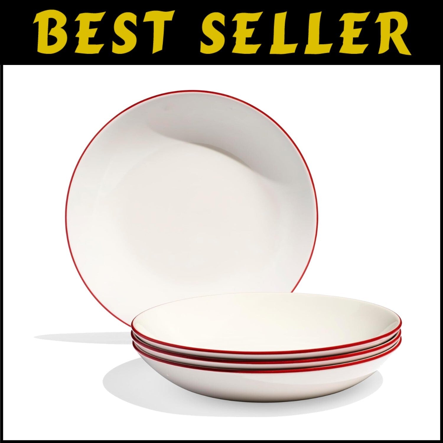 Elegant White and Red Rim Entrée Bowls - 10-Inch, Dishwasher and Microwave Safe