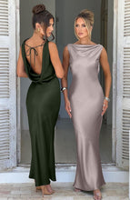 Load image into Gallery viewer, Luxurious Army Green Satin Maxi Dress - Sleeveless High Neck Cocktail Gown