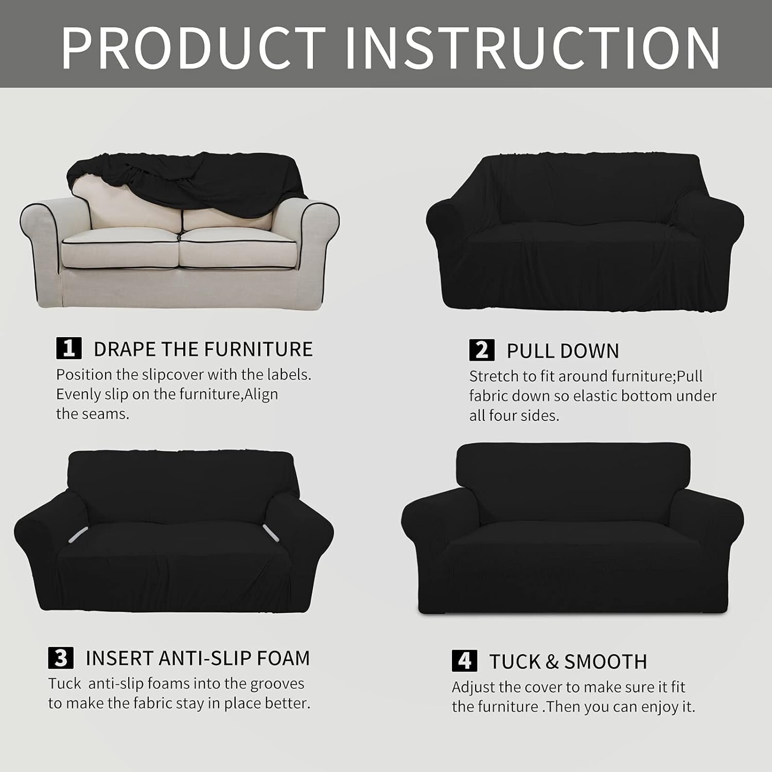 Elegant Elastic Bottom Sofa Cover - Machine Washable Black Stretch Protector