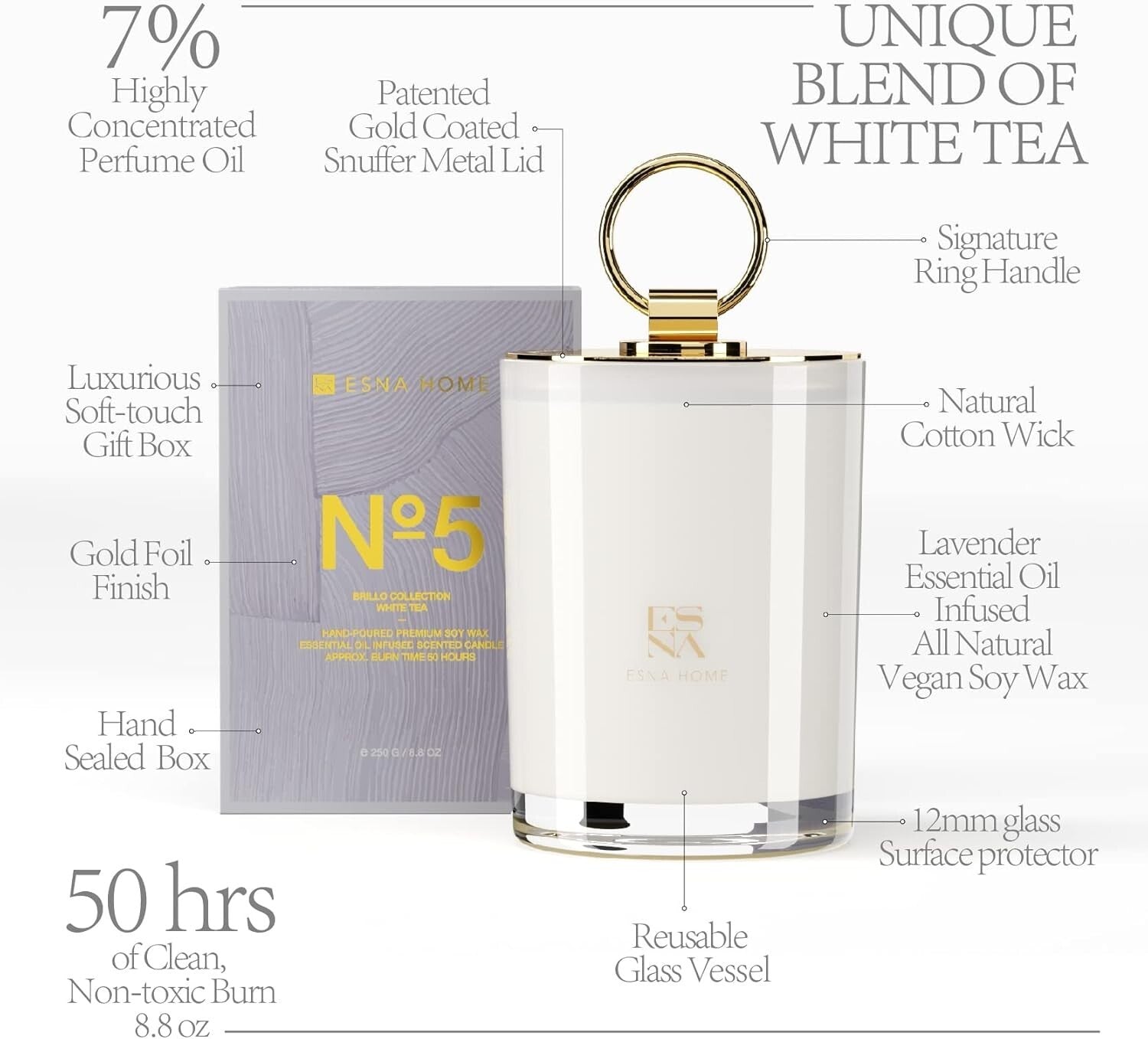 50+ Hour Lavender Scented Candle - Clean Burn Soy Wax for Mindful Relaxation