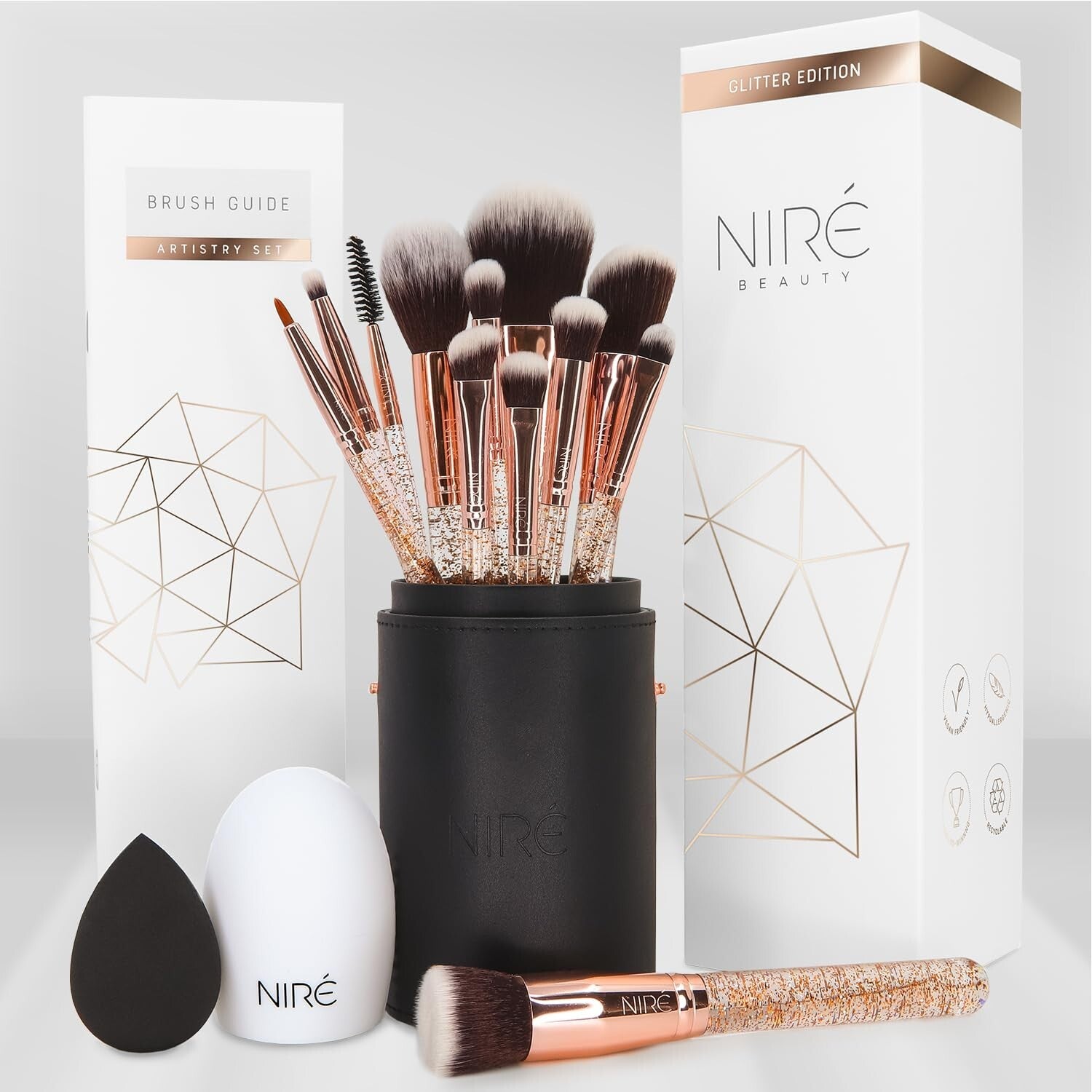 Award-Winning Glitter and Rose Gold Makeup Brush Set - Sustainable Gift Boxed