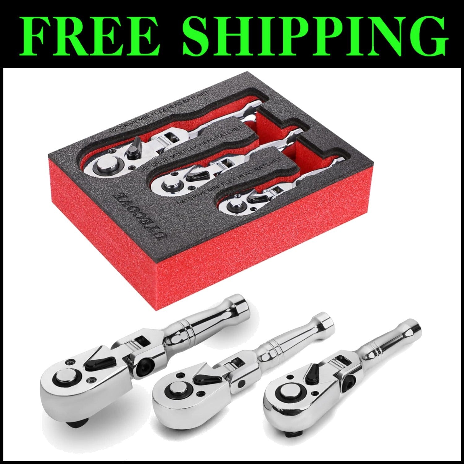 Flexible Head Stubby Ratchet Set - 1/2, 3/8, and 1/4 Inch Drive Wrenches