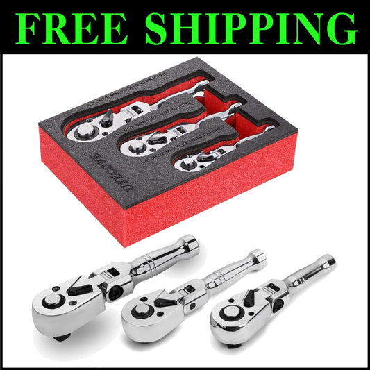 Flexible Head Stubby Ratchet Set - 1/2, 3/8, and 1/4 Inch Drive Wrenches