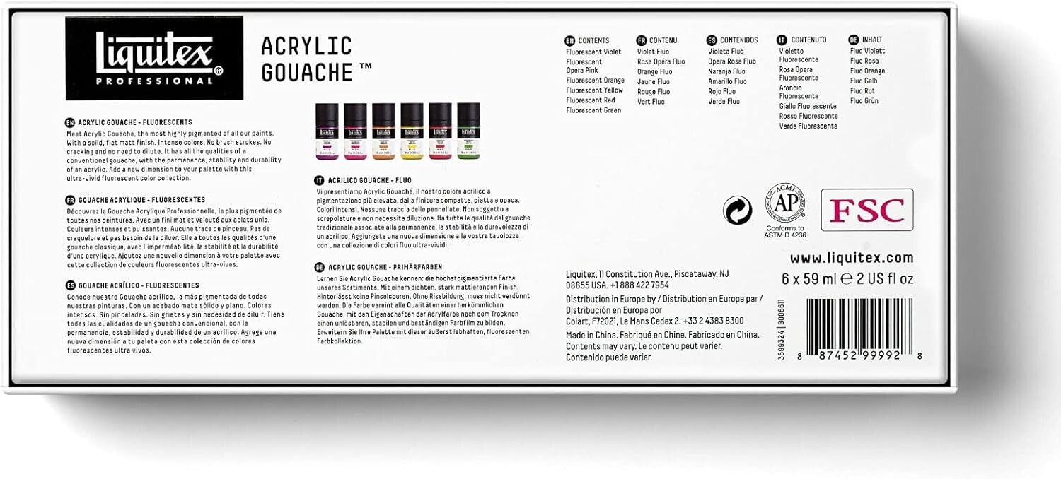 Vibrant Professional Fluorescent Acrylic Gouache - 6 x 2oz with Matte Finish