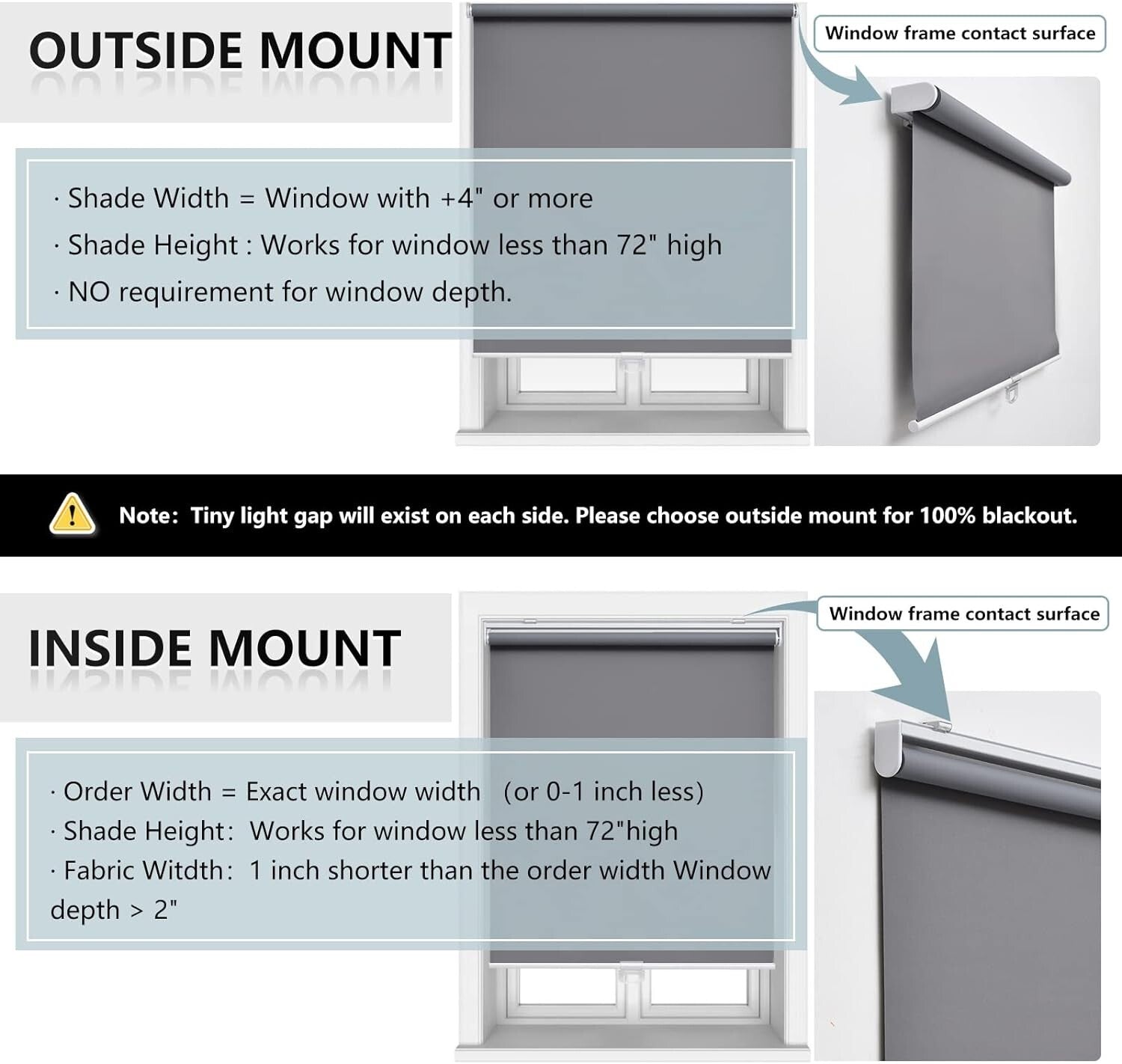 Grey Blackout Roller Blinds 35" W x 72" H - UV Protection & Thermal Insulation