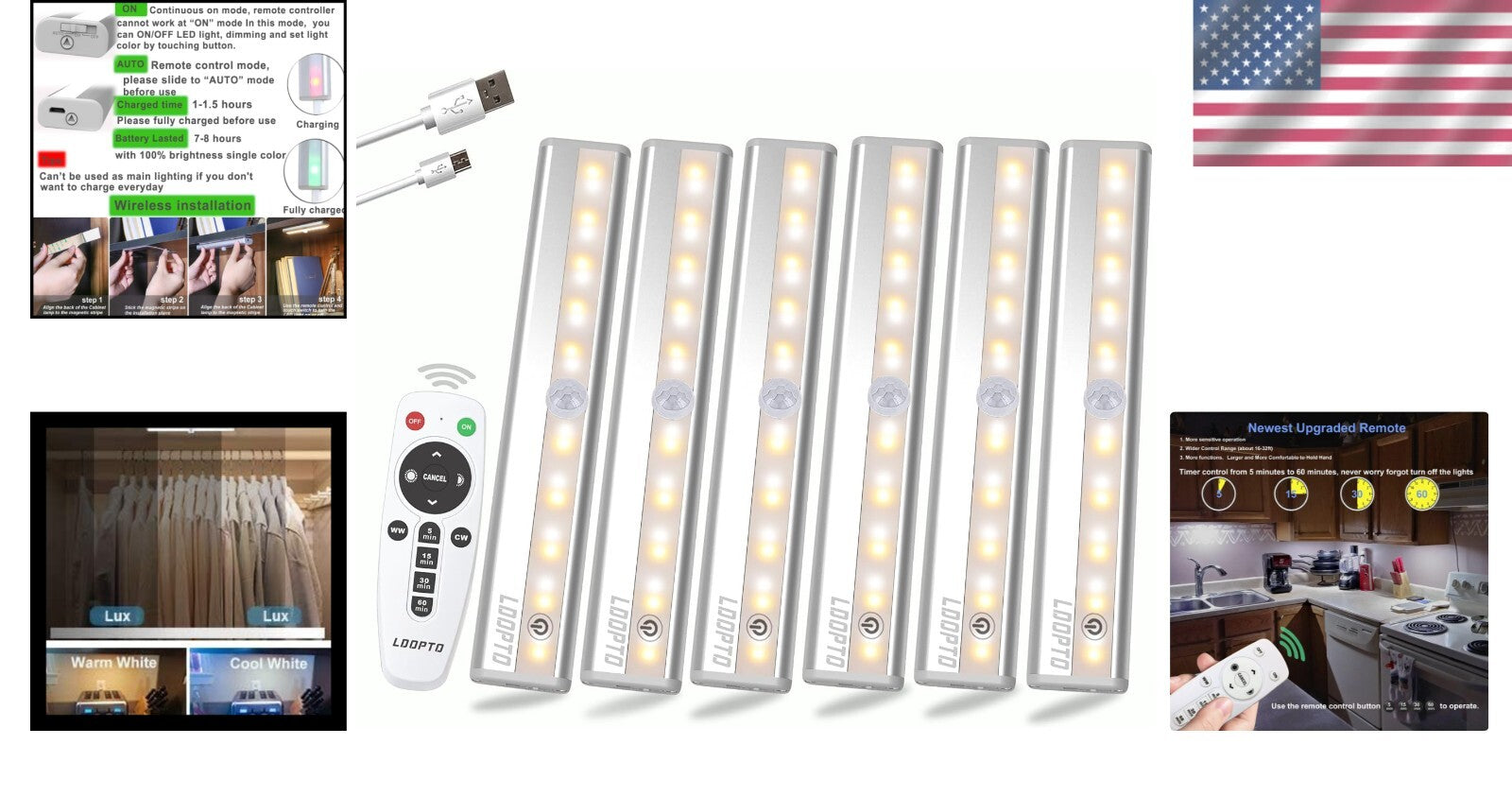 Compact 6-Pack Under Cabinet LED Lights - Remote-Controlled & USB Rechargeable