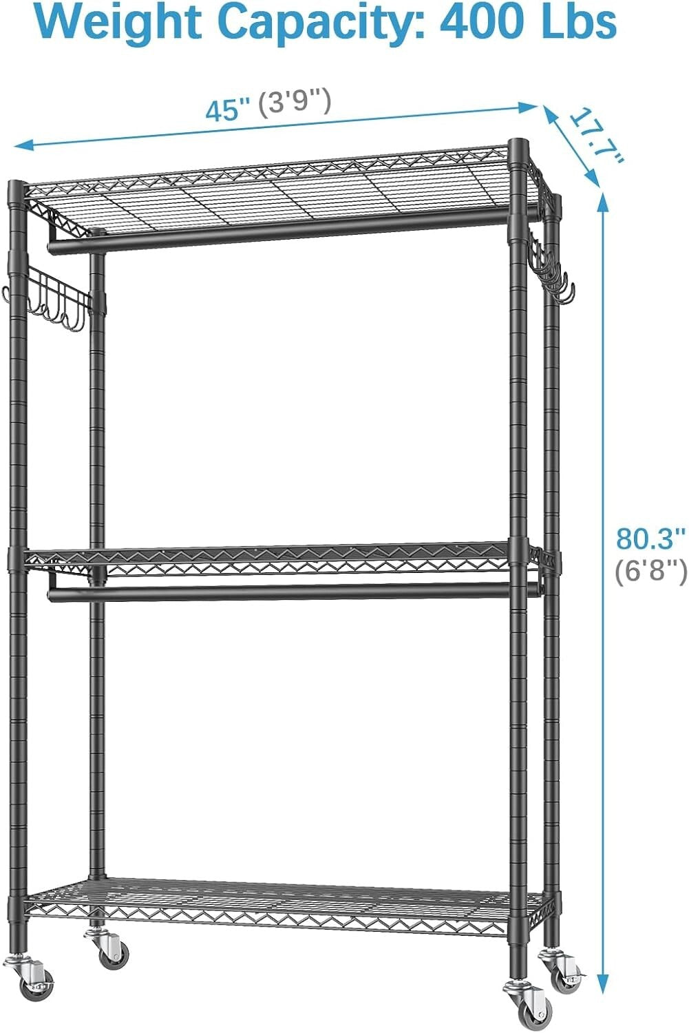 Freestanding Heavy-Duty Wire Shelving Clothes Rack with Load Capacity of 400 lbs