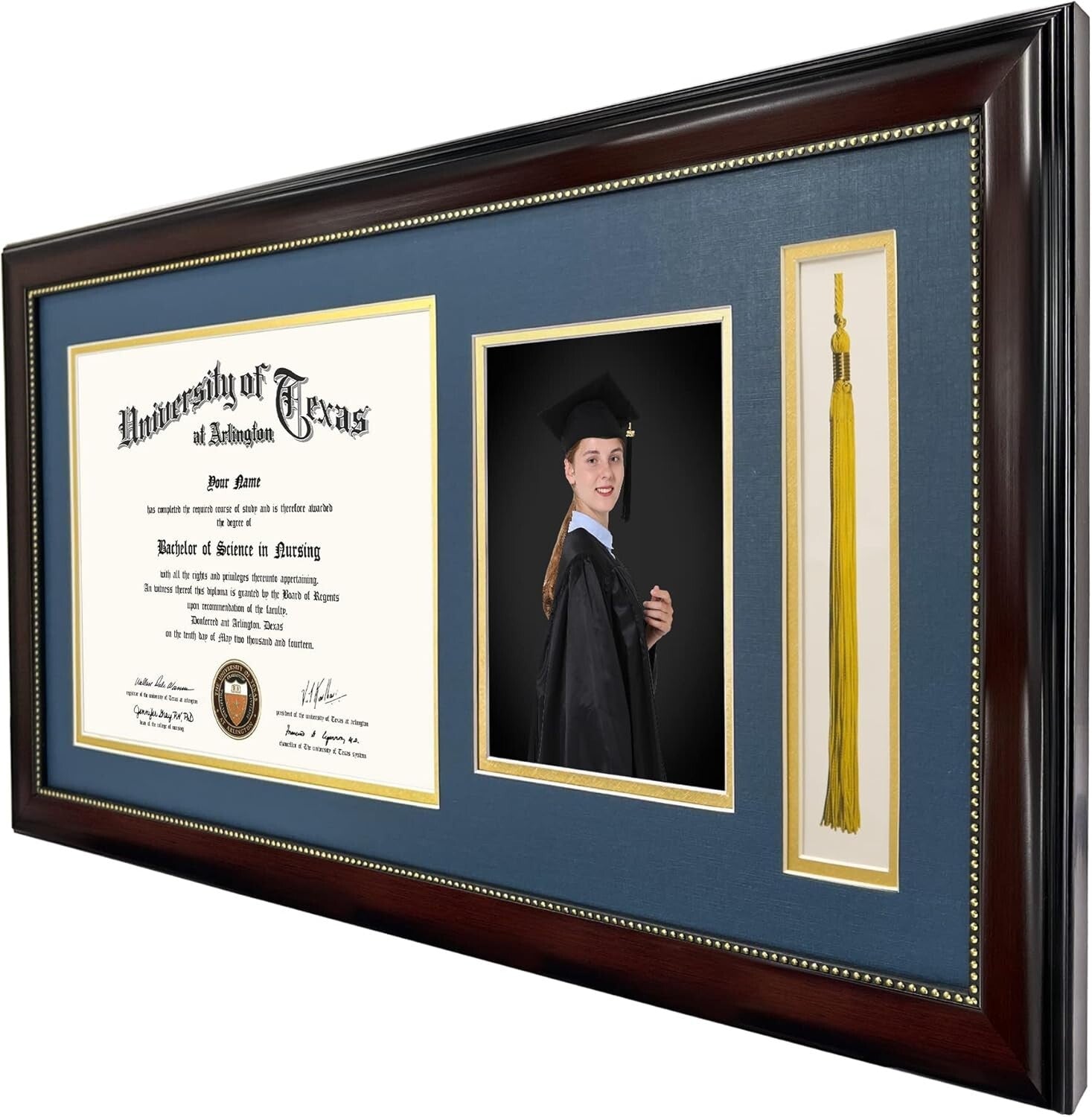 Elegant 11x22 Mahogany Diploma Frame with Tassel Holder and Navy Gold Mat