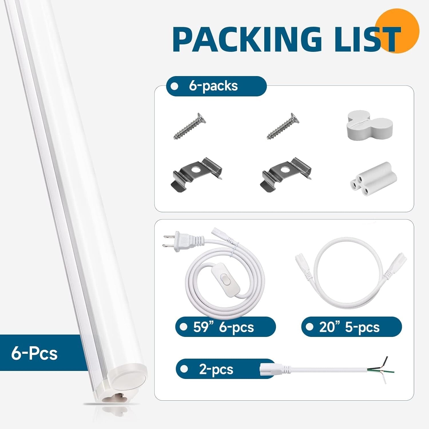 Durable T5 4FT LED Utility Light - 5000K Daylight White, 6 Pack with Accessories