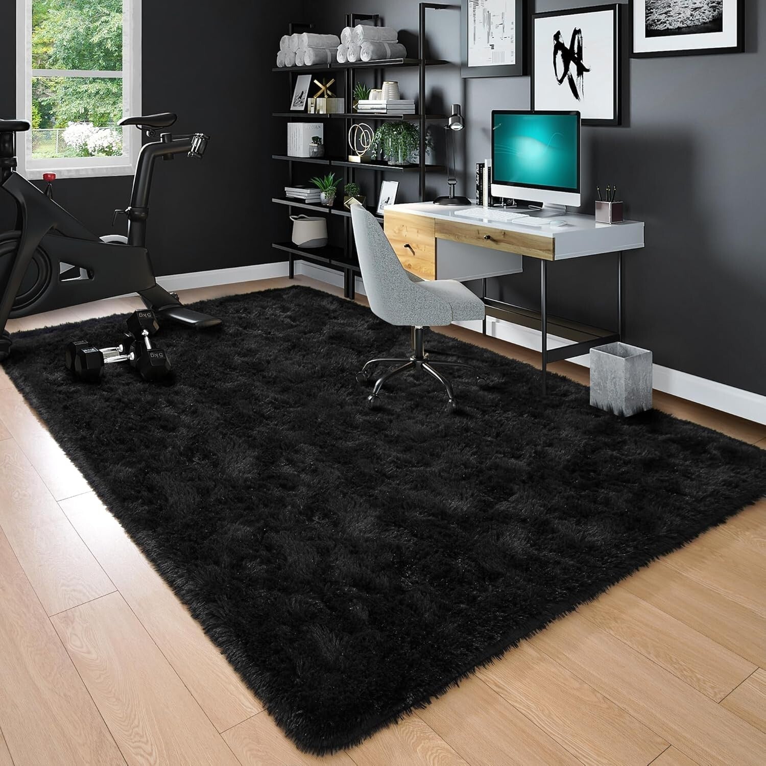 Fluffy Black 6x9 Area Rug - Soft Shaggy Carpet for Modern Living Rooms