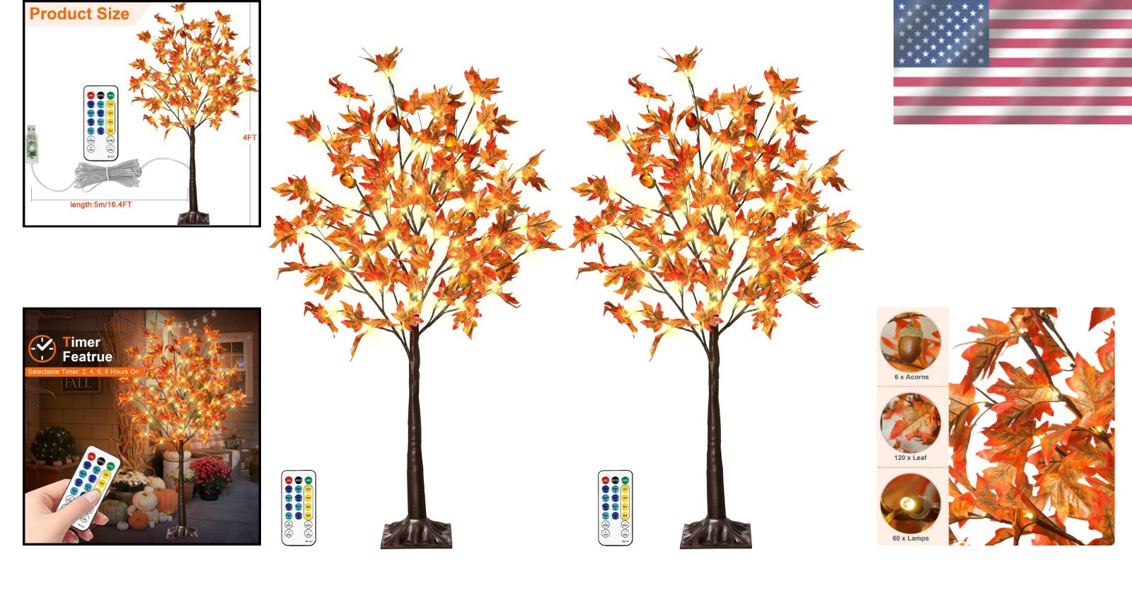 4FT Lighted Maple Trees - 8 Modes, 2 Pack Indoor/Outdoor Thanksgiving Decor
