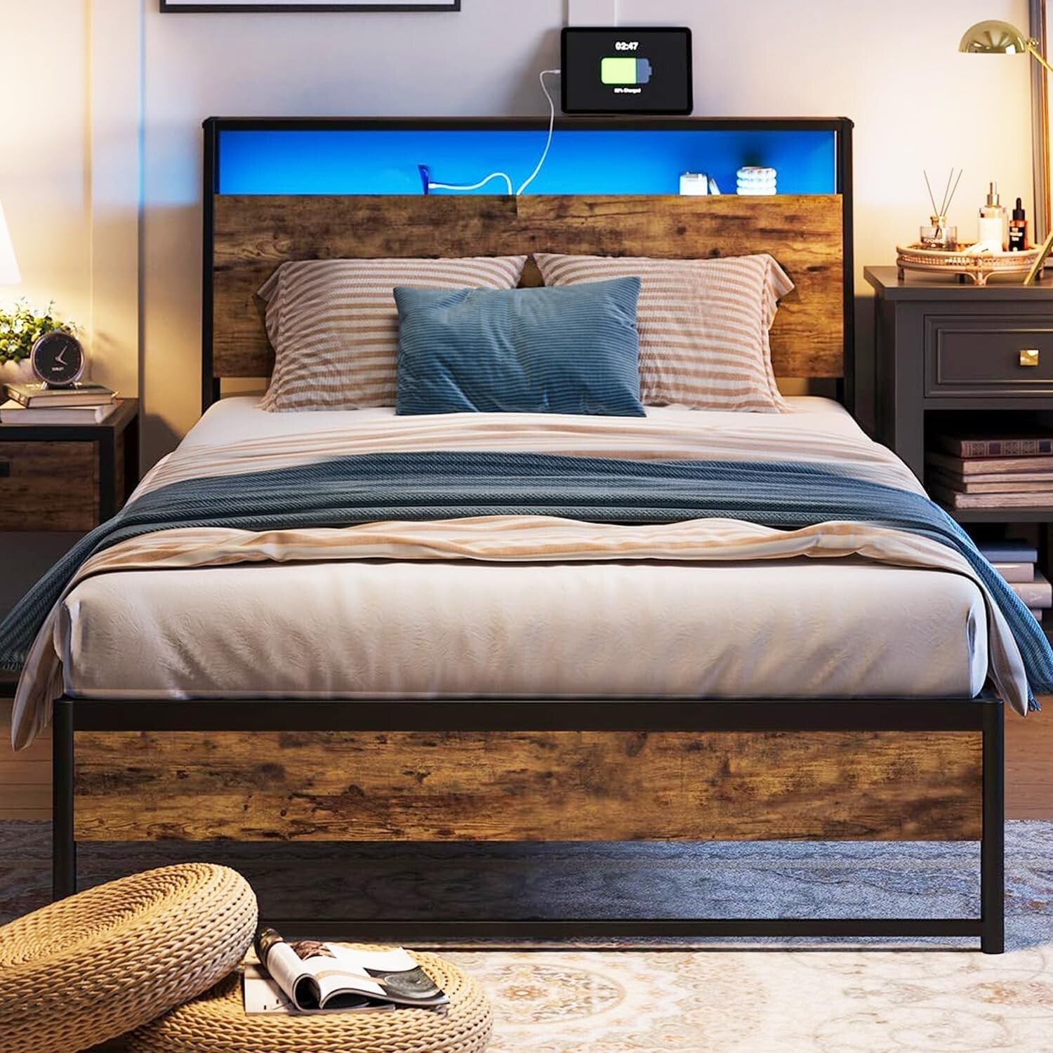 Heavy-Duty Twin Bed Frame with Stylish Ergonomic Headboard & Under-Bed Storage