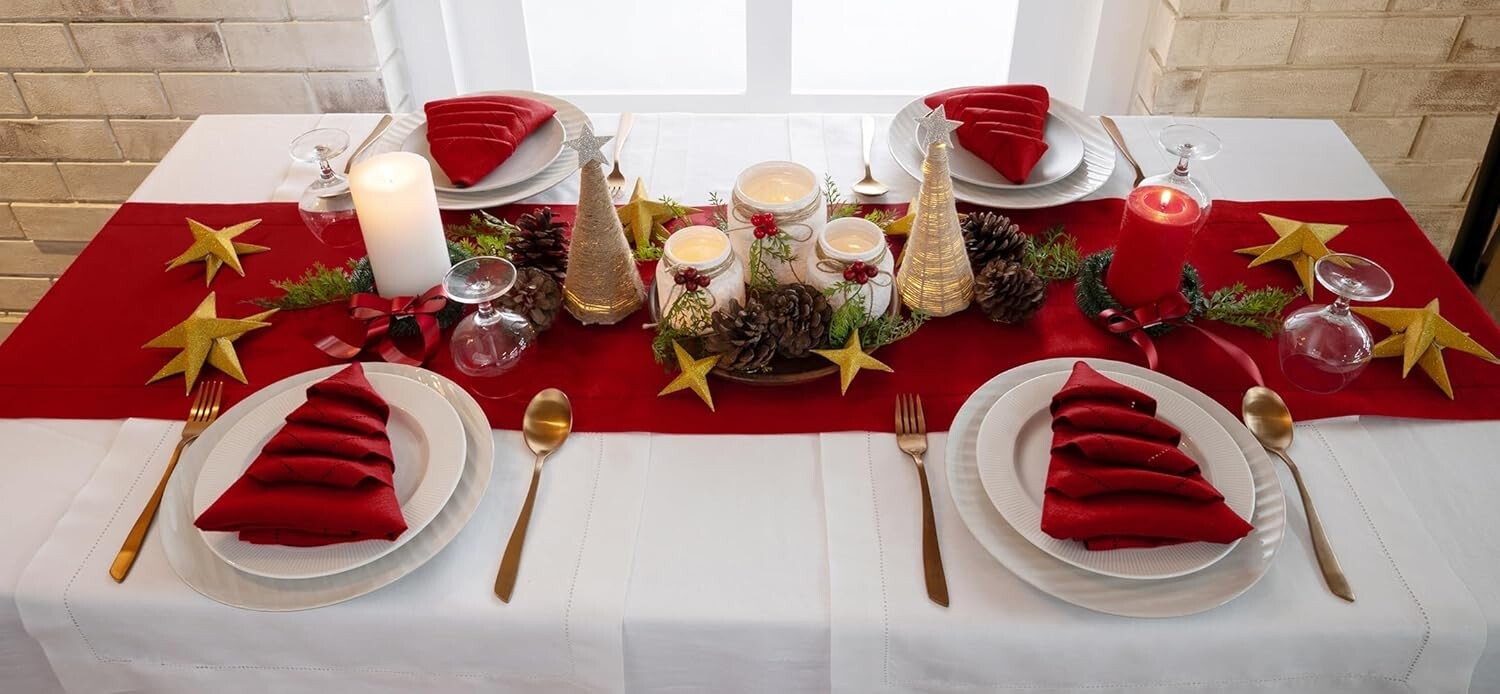 14x120 Inch Luxe Red Linen Table Runner - Classic Hemstitch, Perfect for Easter