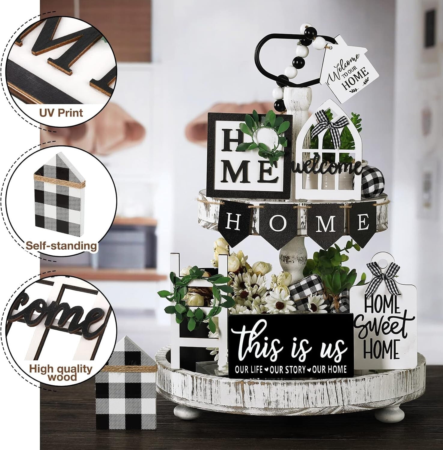 Charming Rustic Wood Tray Decor Set with 11 Signs - Ideal for Housewarming Gifts