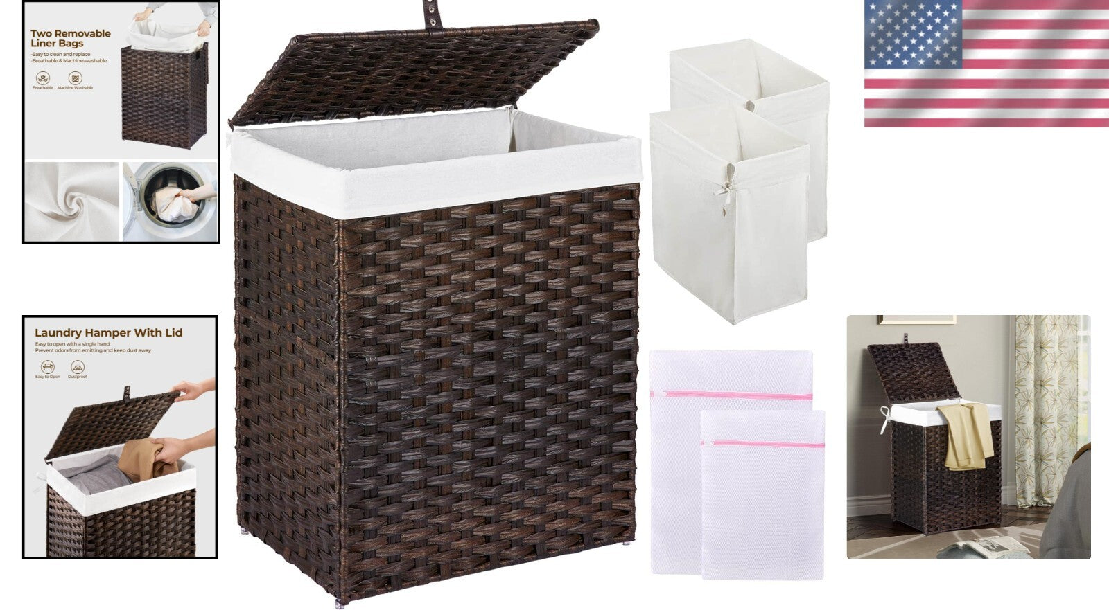 Chic Brown Laundry Basket with Lid & 2 Washable Bags - 90L Stylish Storage