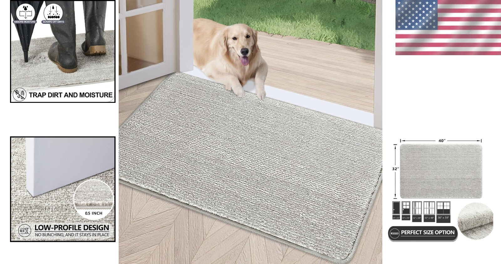 32"x40" Low-Profile Indoor Doormat - Durable Absorbent Grey with Non-Slip Mat