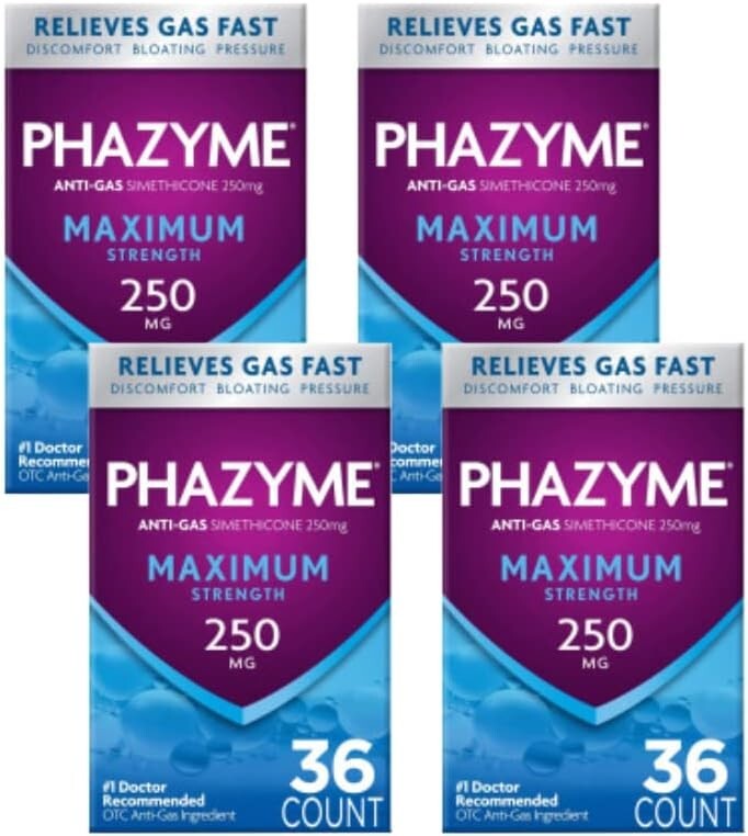 Fast-Acting Gas and Bloating Relief | 250 mg Simethicone - 36 GELS (Pack of 4)