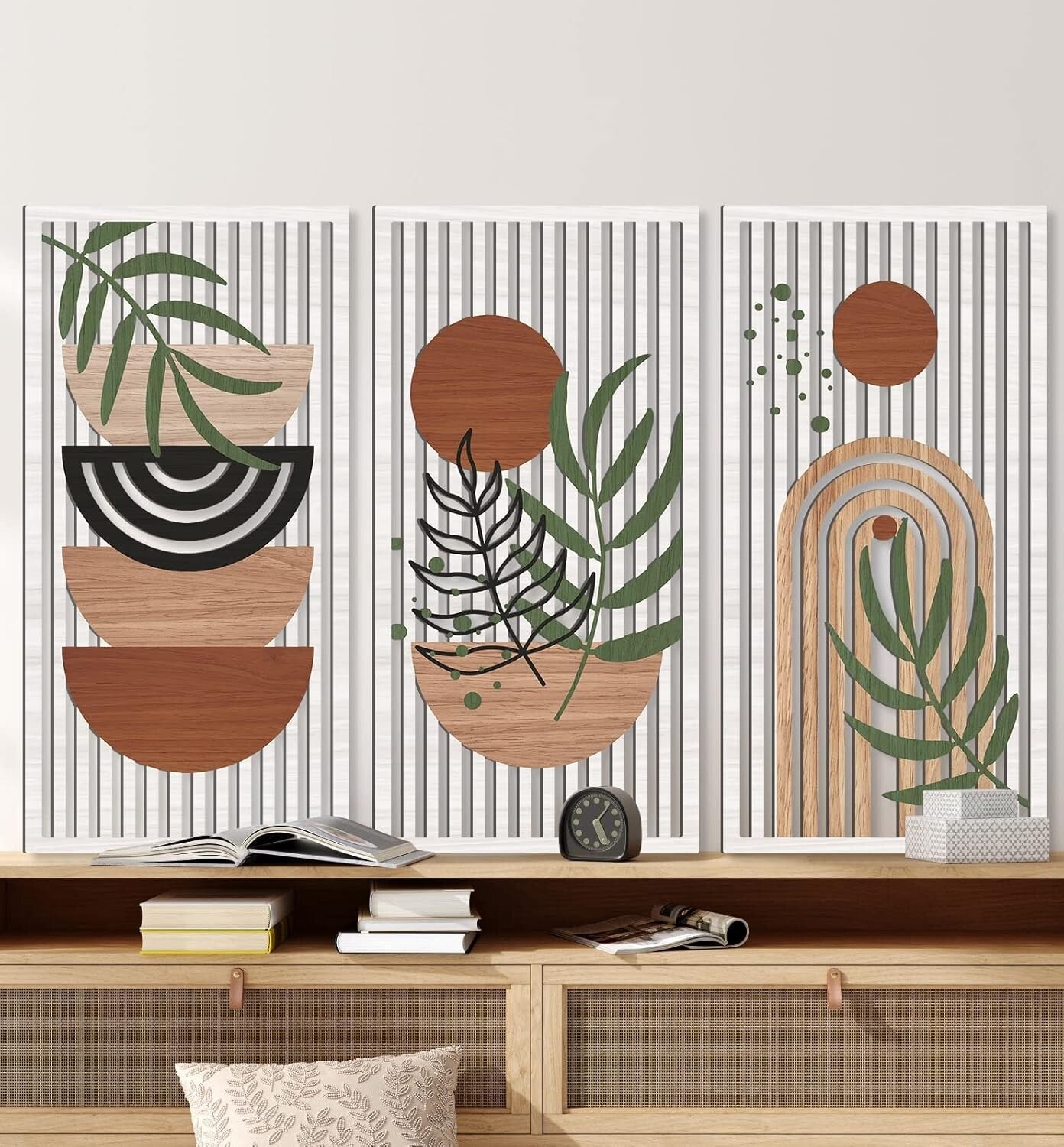 Mid Century Modern Hollow Wooden Wall Art Set - Sun, Moon, Plant Decor (32"x16")