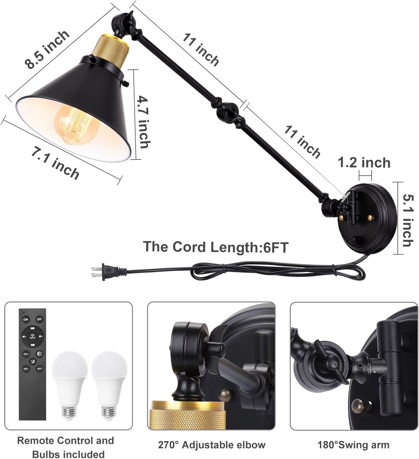 2-Pack Dimmable Wall Sconces with Adjustable Color & Remote - Black Metal Finish