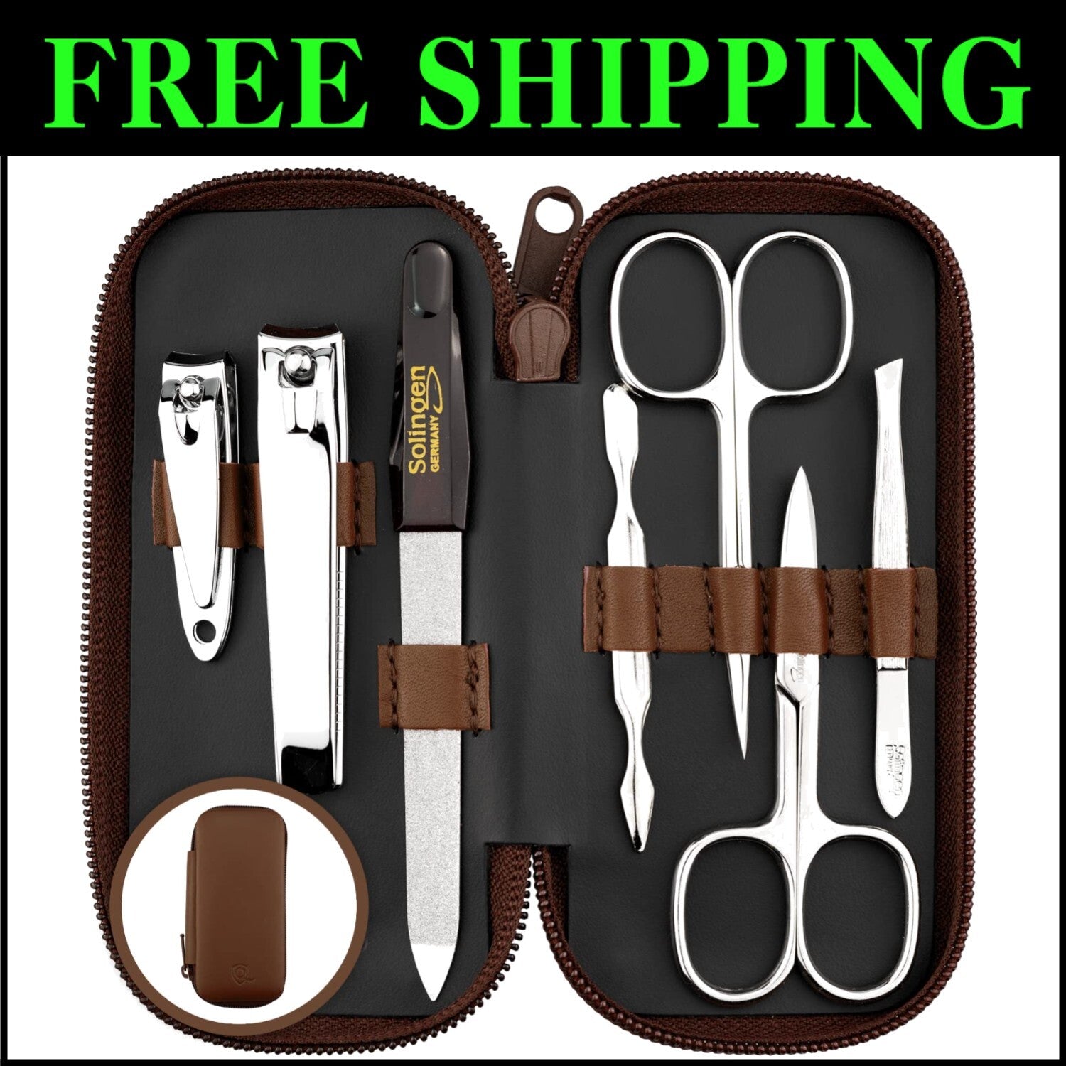 Complete Manicure Pedicure Set - 7-Piece Stainless Steel Tools in Leather Case