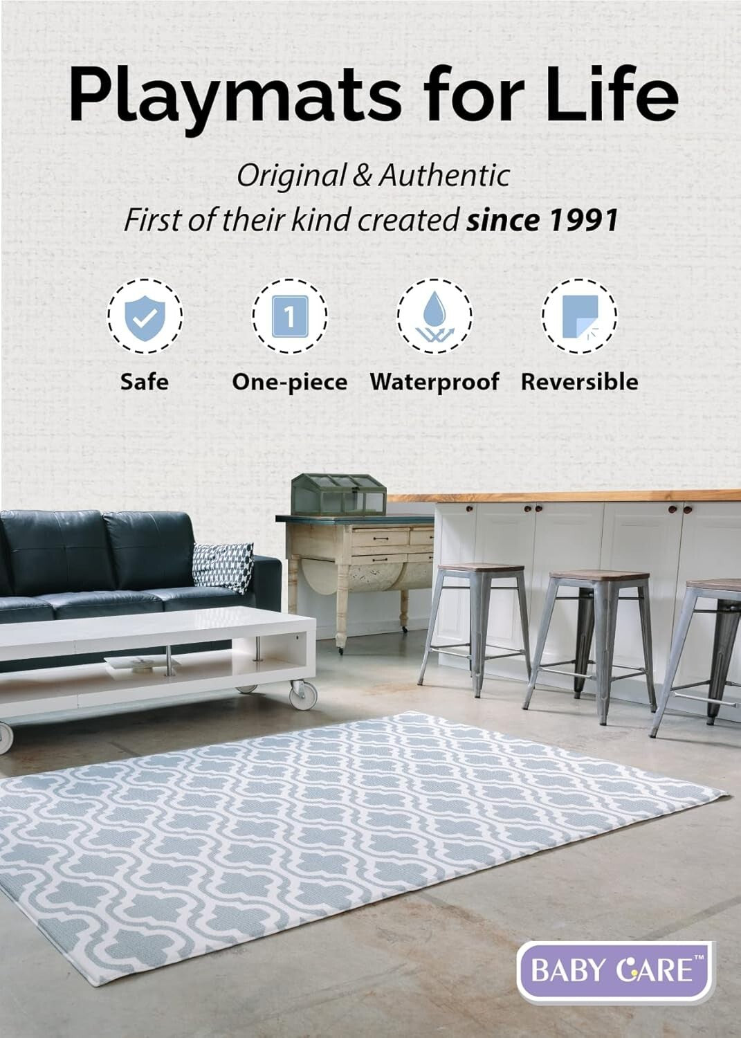 Large Moroccan Blue Play Mat: Eco-Friendly Reversible & Waterproof for Kids