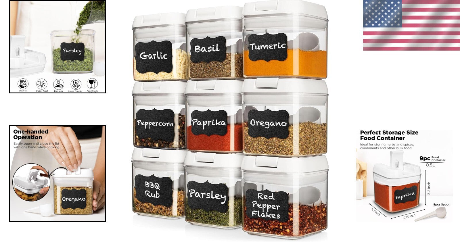 9 PC Kitchen Organization Set - Airtight Food Containers with Spoons - 2.1 Cups