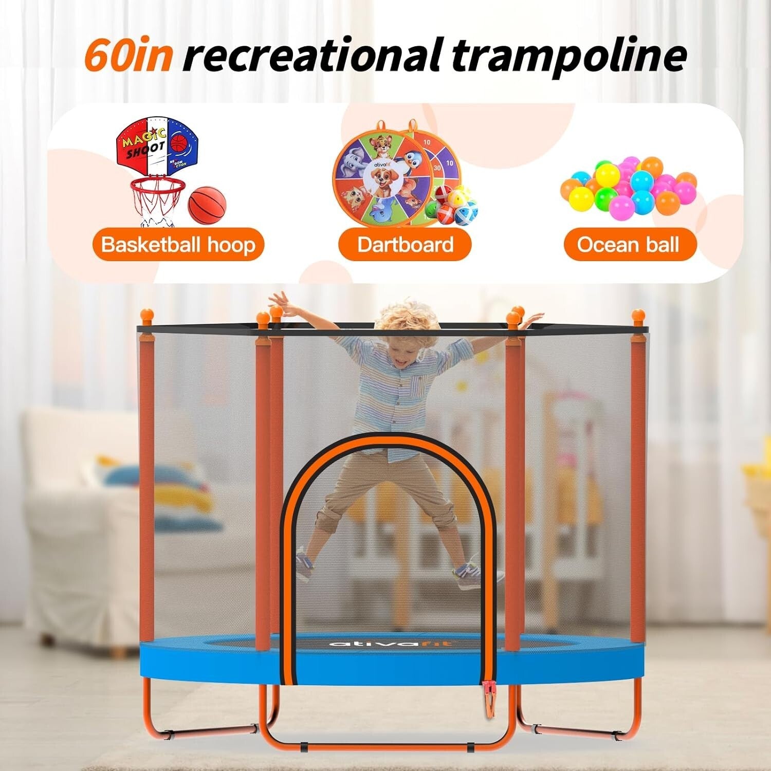 5FT Super Bouncy Trampoline for Kids Aged 1-8 with Basketball Hoop & Dartboard