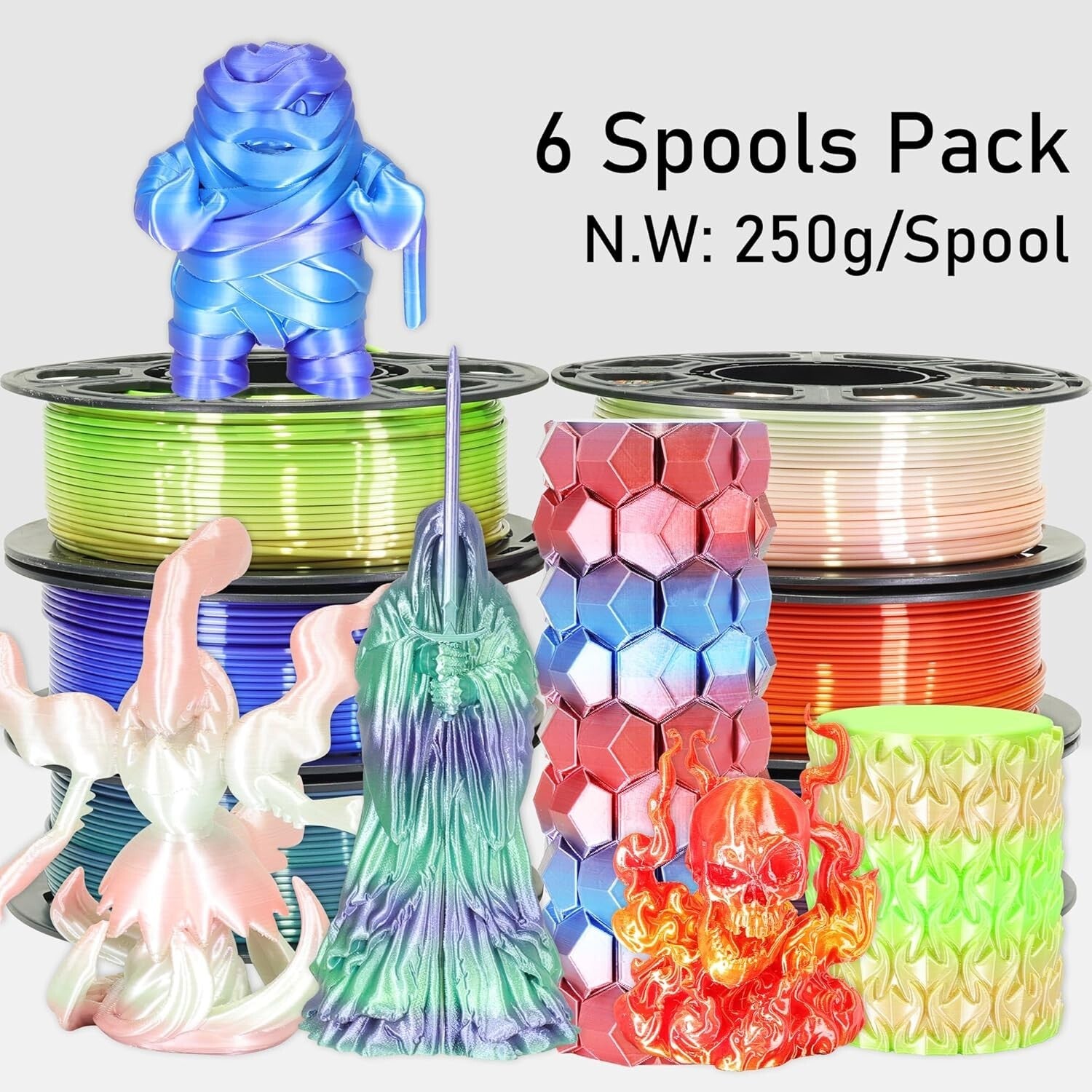 Creative 1.5kg Bundle: 6 Mixed Color Change Silk PLA Filaments for 3D Printing