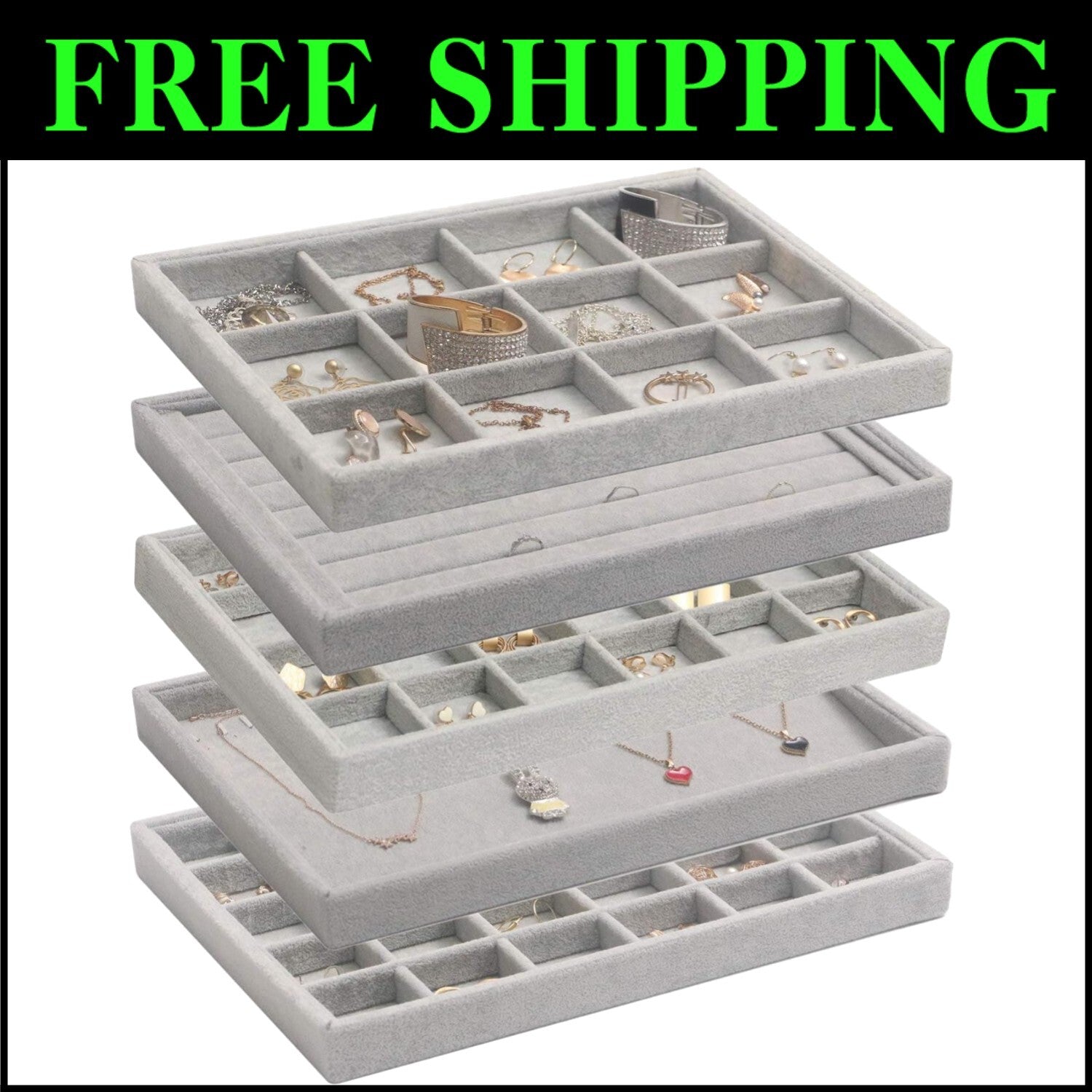 Versatile Velvet Jewelry Trays Set - 5 Stackable Organizers for Rings, Necklaces