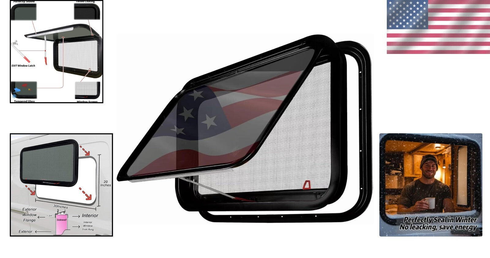 DOT Certified RV Emergency Exit Window 30"x20" with Tempered Glass & Trim Kit