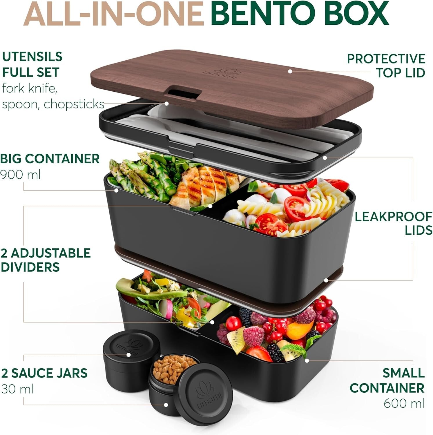 Stylish Leakproof Bento Box with Utensils & sauce jars - 50 oz Lunch Container