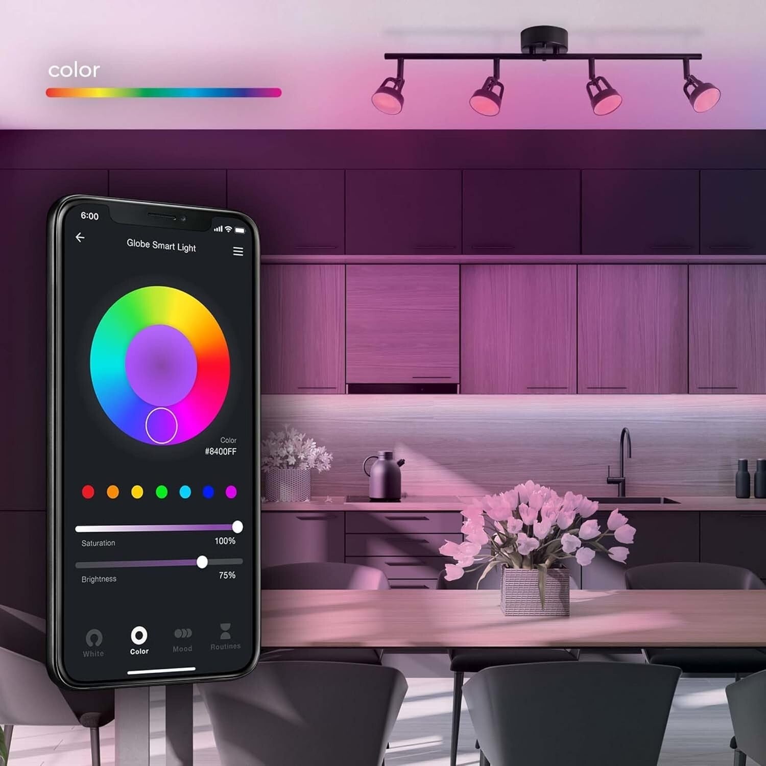 Dimmable Multicolor RGB 4-Light Track Lighting - No Hub Required, 1600 Lumens