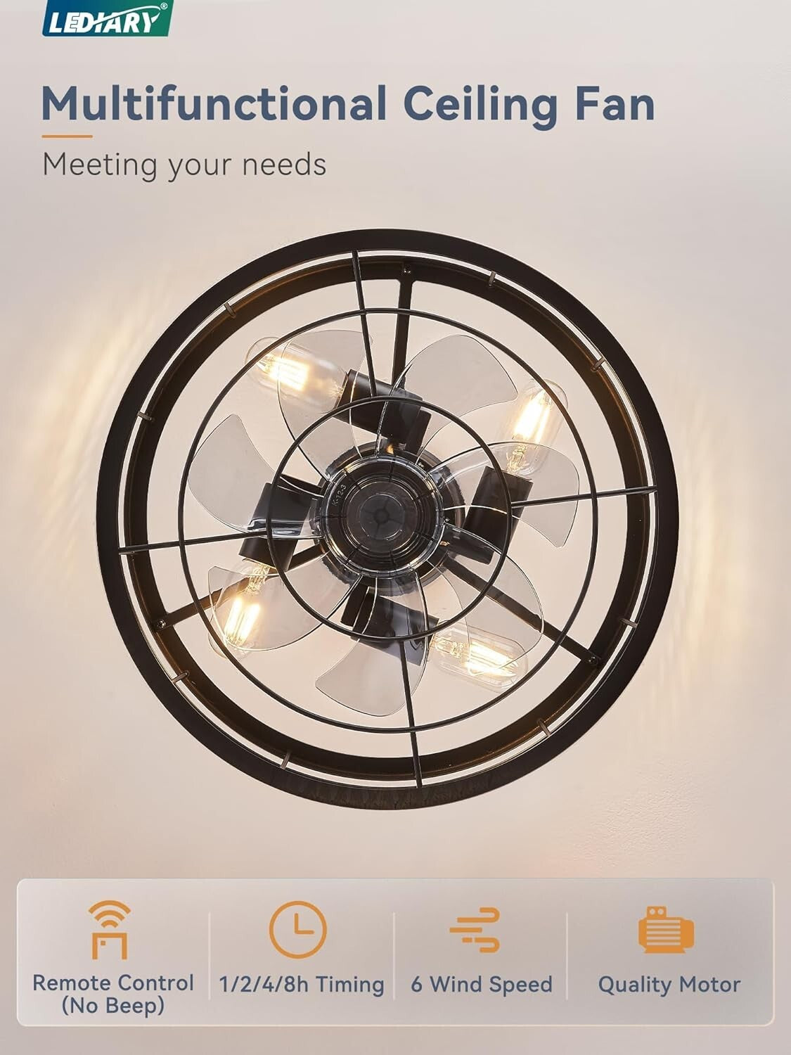 16.5'' Black Caged Ceiling Fan with Remote & LED Light for Stylish Living Spaces