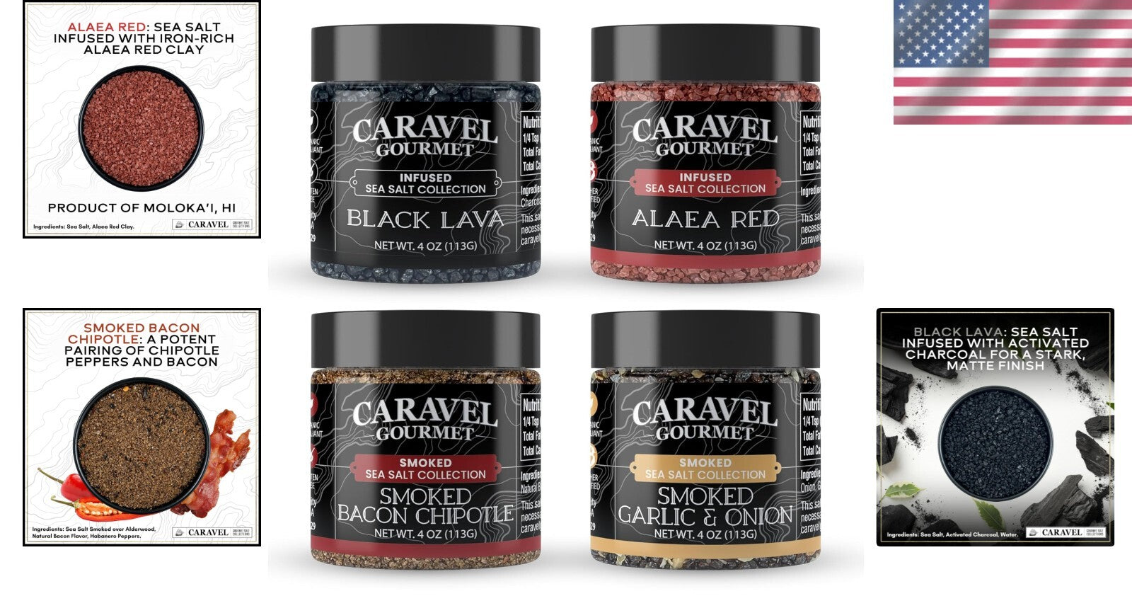 Signature Sea Salt Sampler: Smoked Bacon Chipotle, Garlic Herb & Spicy Varieties