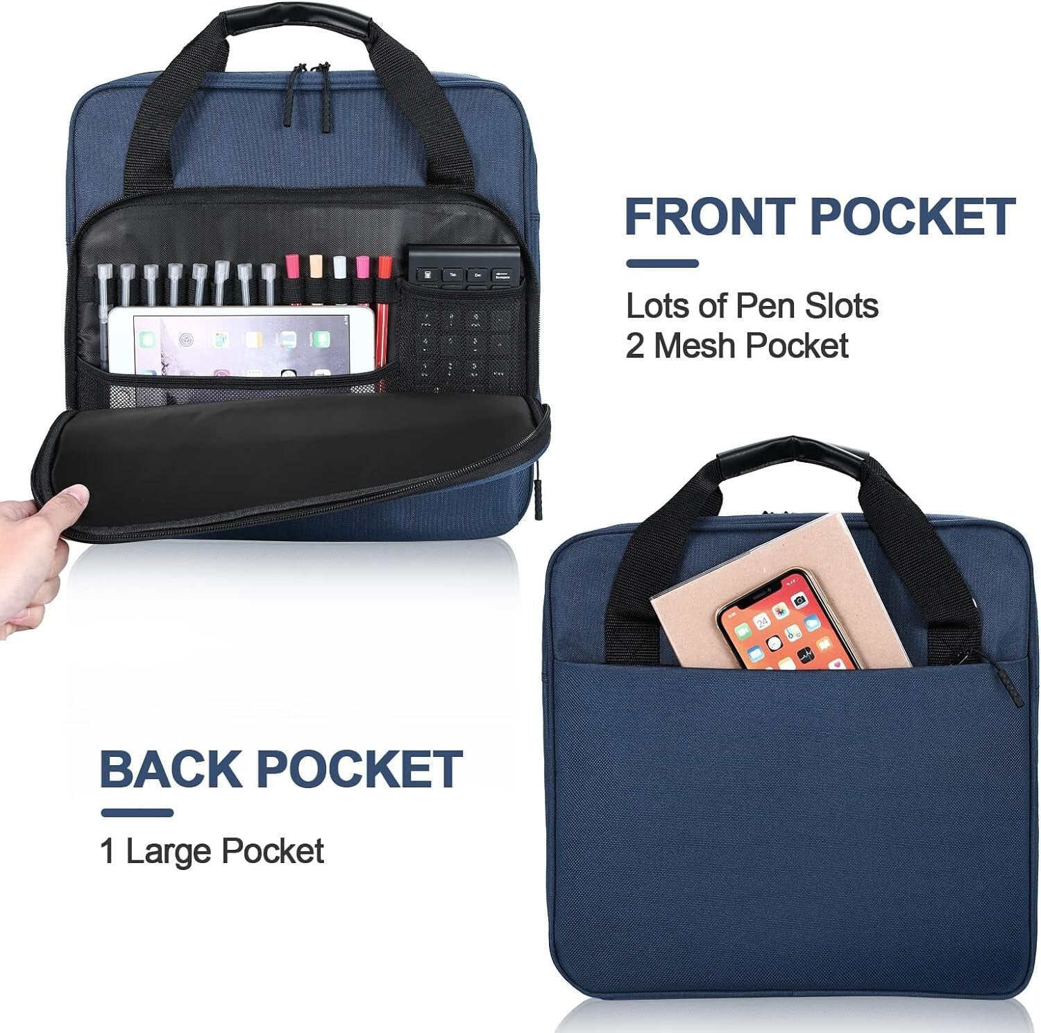 Dark Blue 3-Ring Zipper Binder with Multiple Pockets & Comfortable Strap