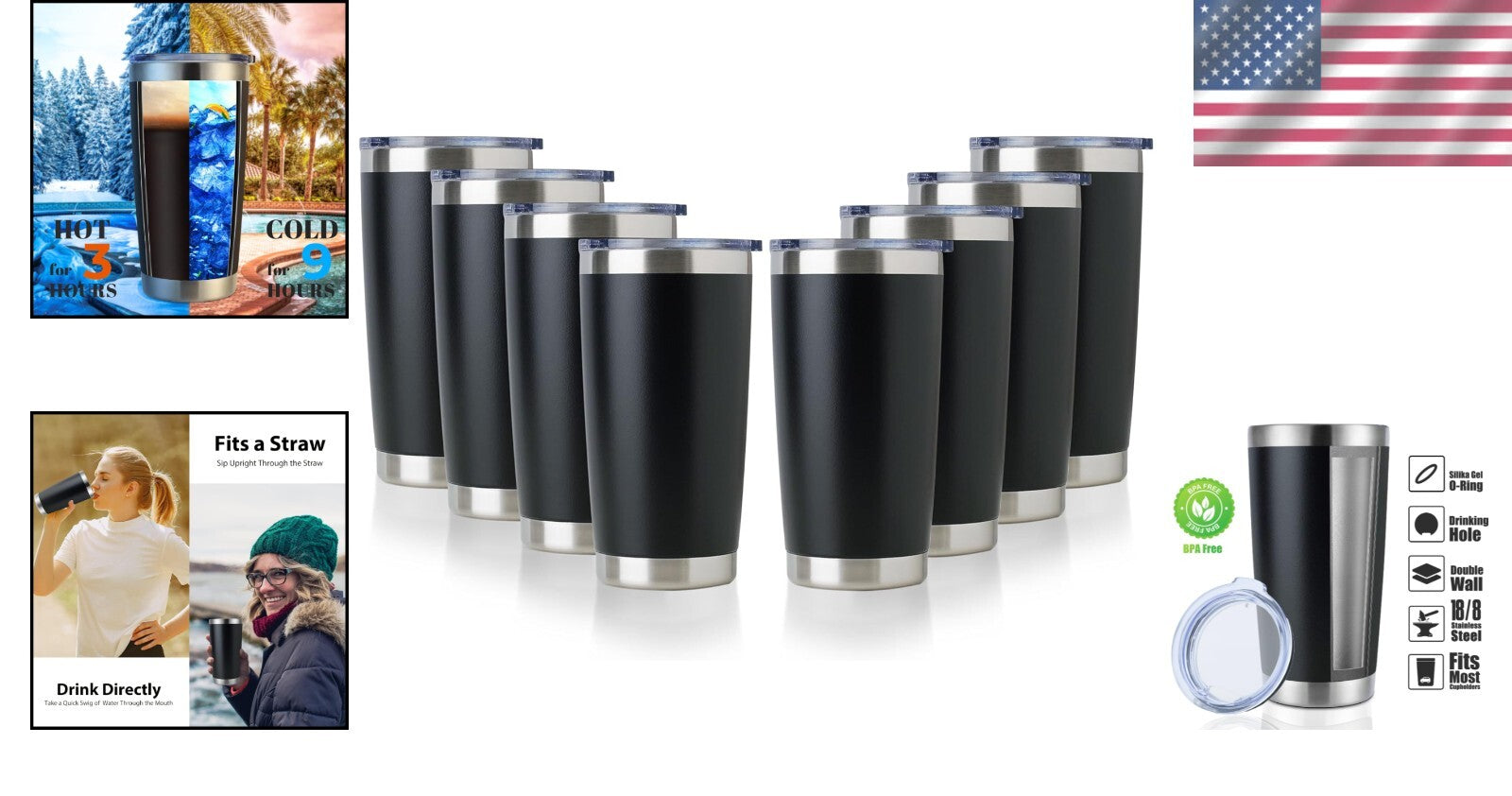 Durable 20oz Powder Coated Travel Tumblers - Insulated, 8 Pack Essentials