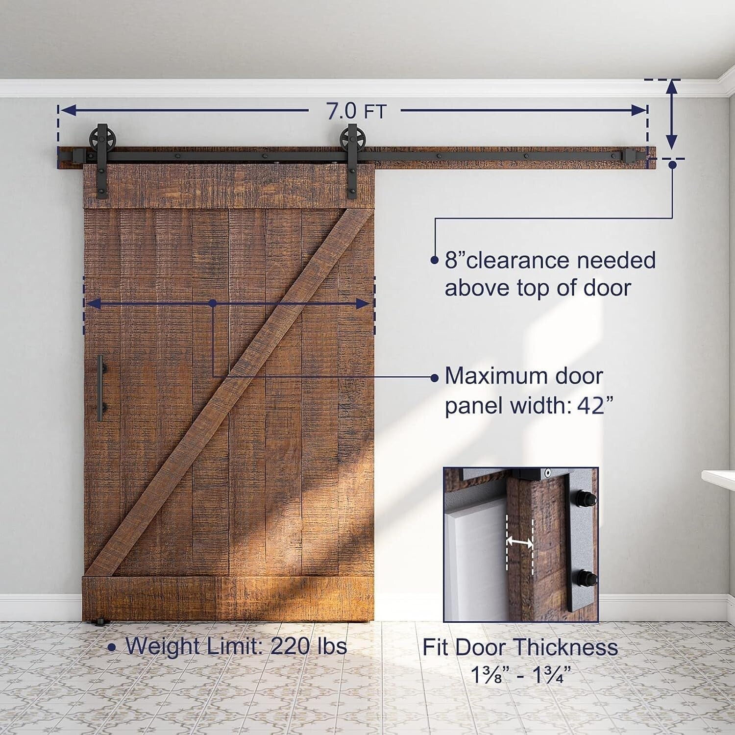 7ft Heavy Duty Sliding Barn Door Hardware Kit with Industrial-Style Pull Handle