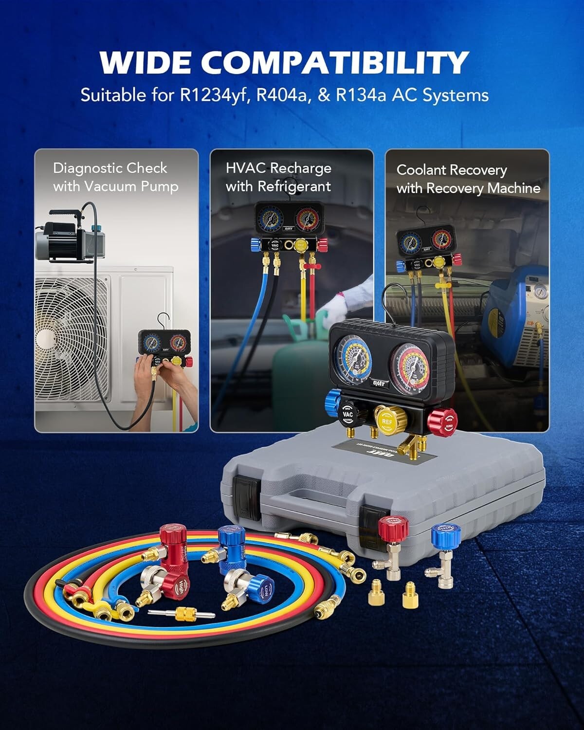 4-Way R1234yf AC Gauge Set with Hoses & Quick Couplers for Precision HVAC Care