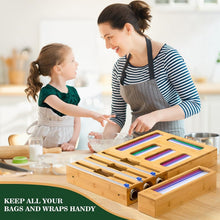 Load image into Gallery viewer, Natural Bamboo Kitchen Storage Organizer for Bags, Wraps &amp; Dispenser with Cutter