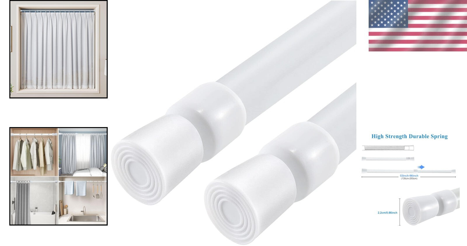 Durable 2 Pack Spring Tension Rods - Fits 53-98 Inches, Perfect for Any Room