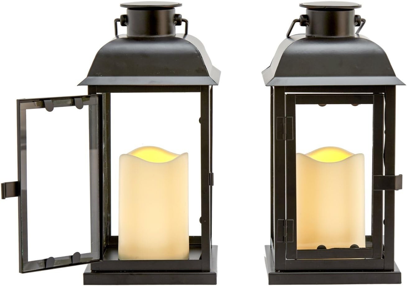 Modern 11 Inch Tall Solar Lantern Set with Stylish Black Metal and Glass Design