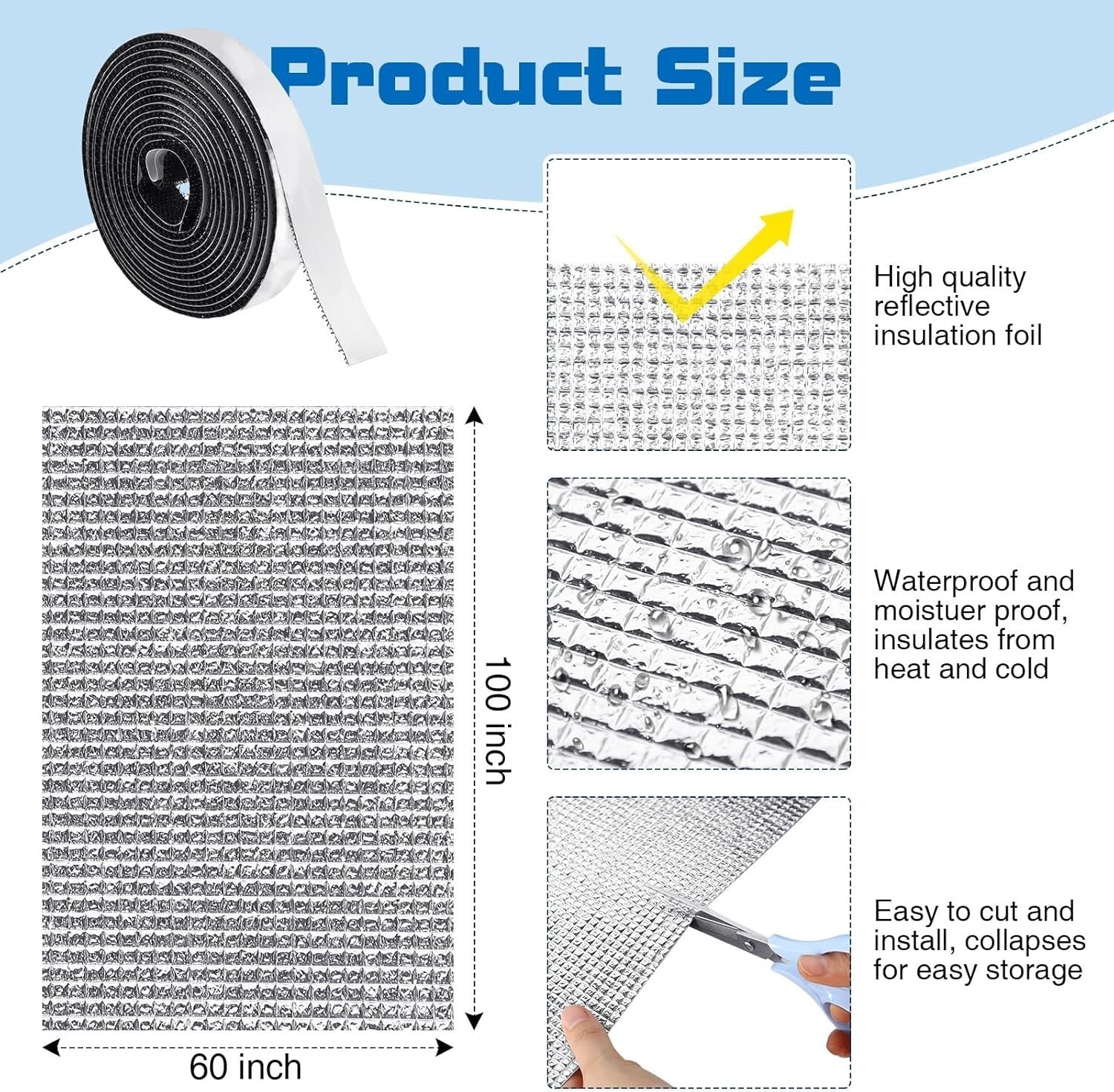 120" x 48" Blackout RV Window Shade Cover - Reflective Insulation Roll Kit